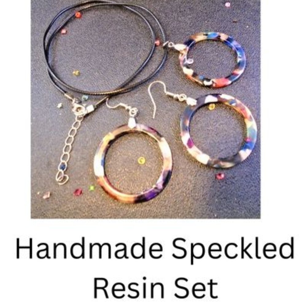 💝5/$25💖 Colorful Speckled Resin Rings Earrings & Necklace set Dangle hoops